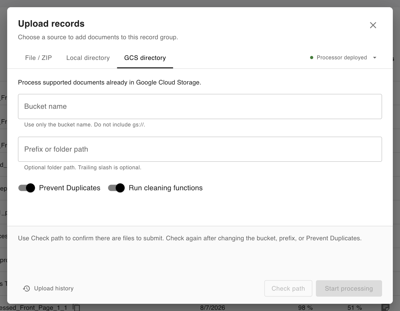 GCS directory upload with bucket and prefix fields, Check path, and Start processing