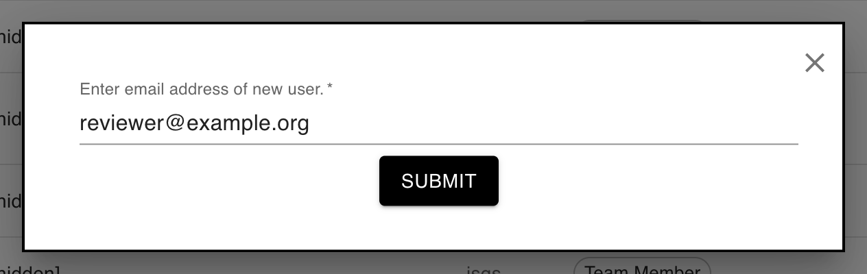 Add user dialog with an email address ready to submit