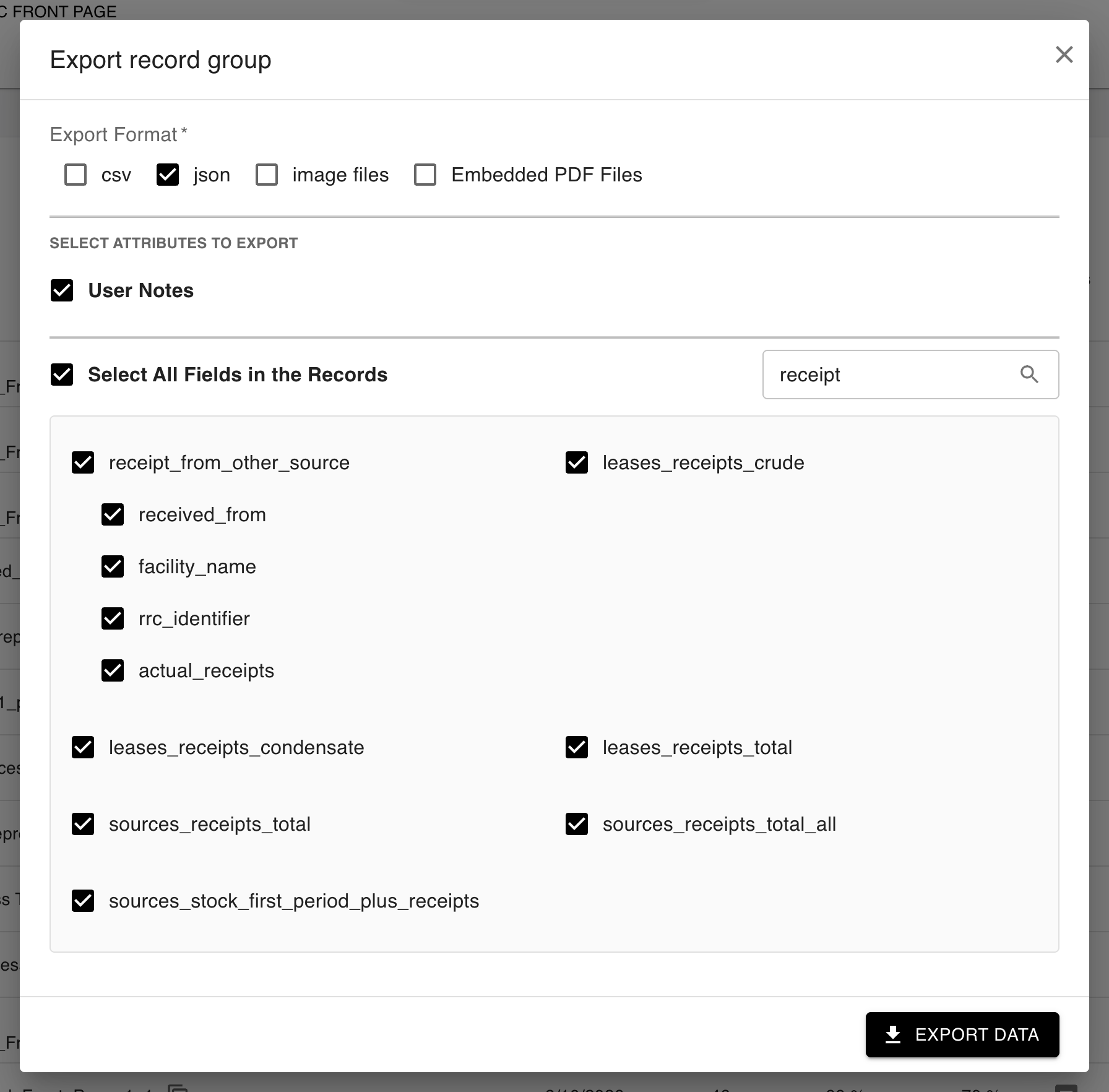 Export dialog filtering field names by receipt and showing nested table fields
