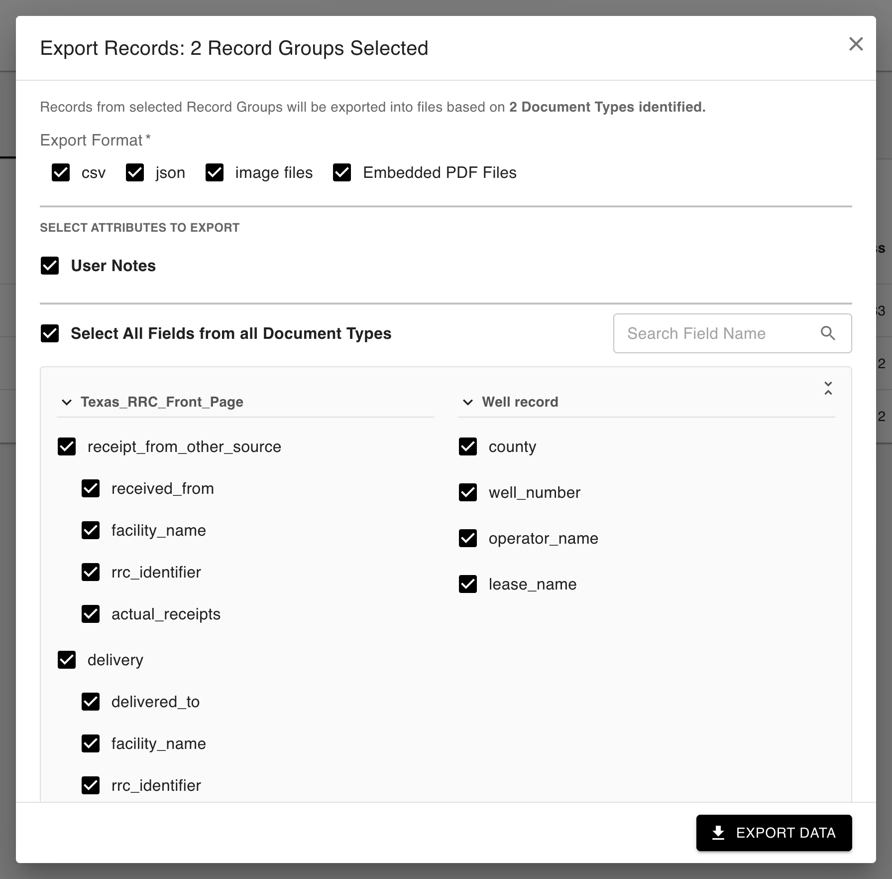 Export dialog for two selected record groups with all four formats selected and fields grouped by document type