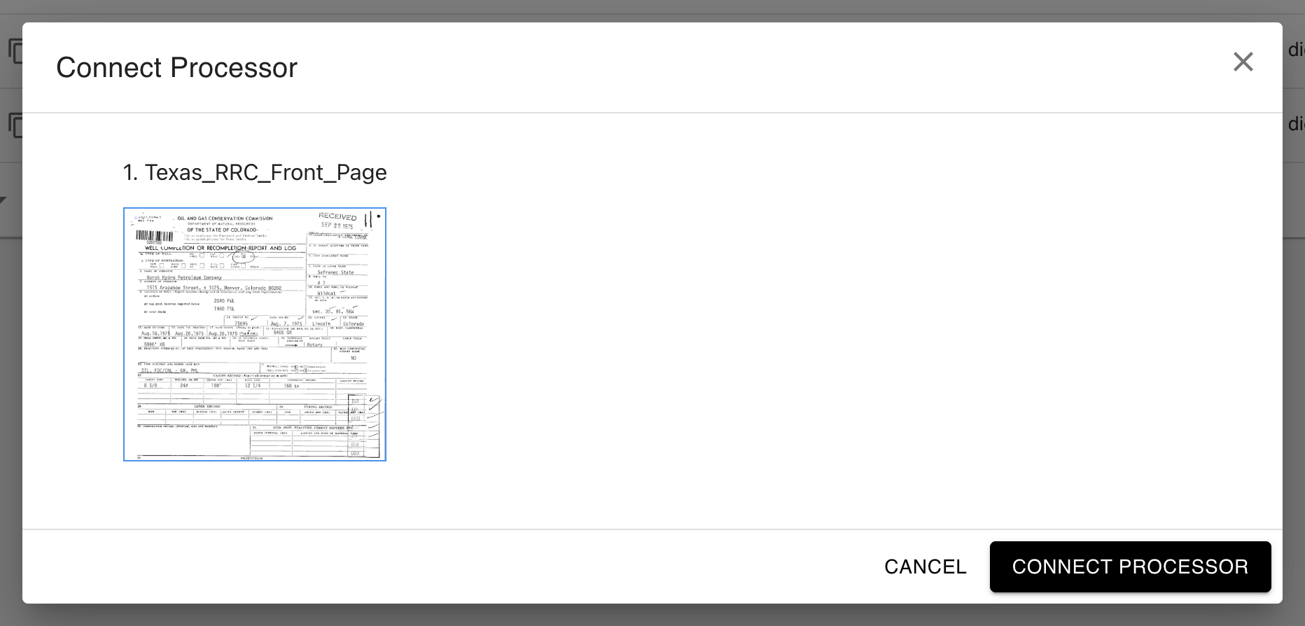 Connect Processor dialog with the configured RRC processor selected