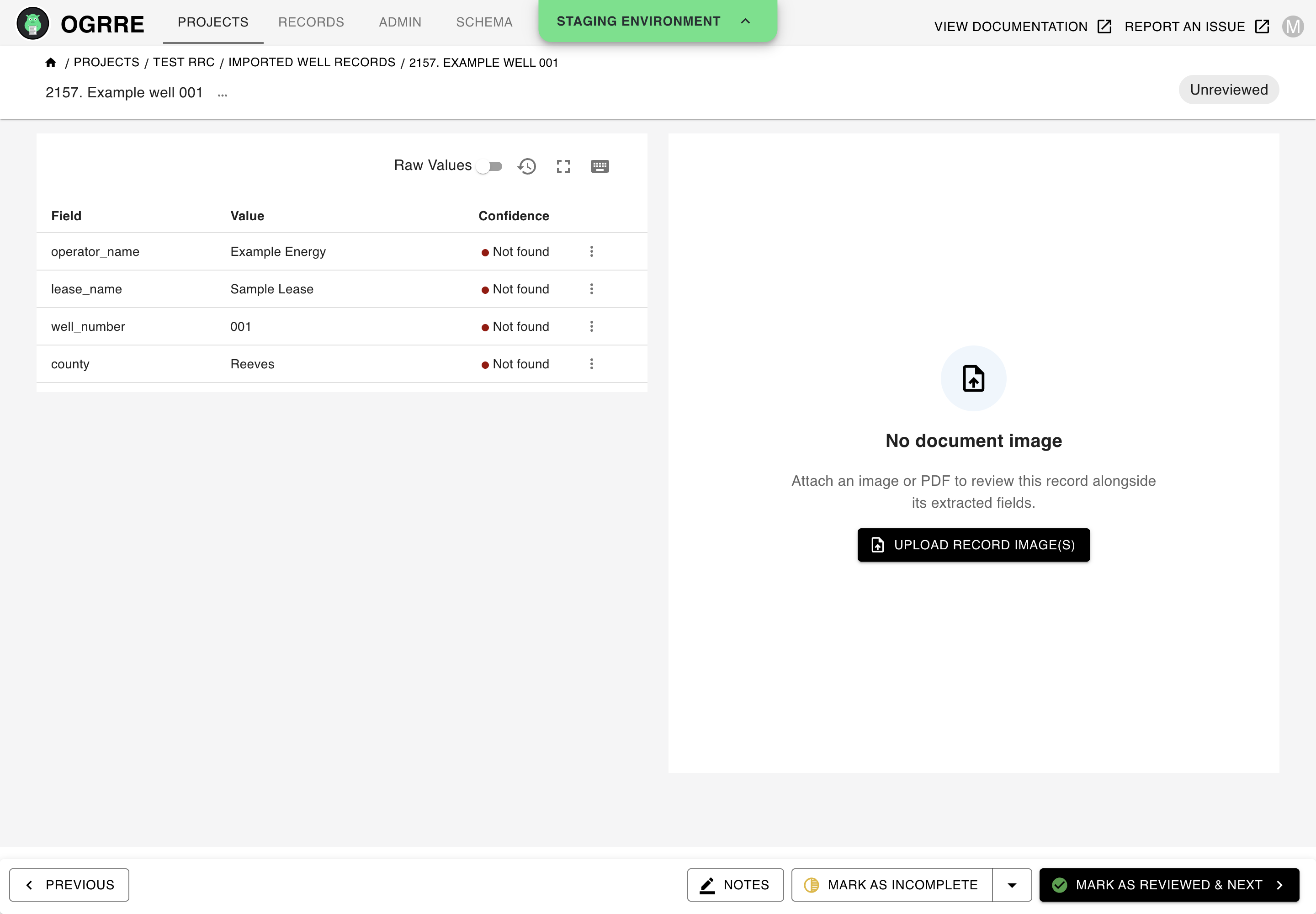 Imported record with extracted fields and an empty document pane offering image upload