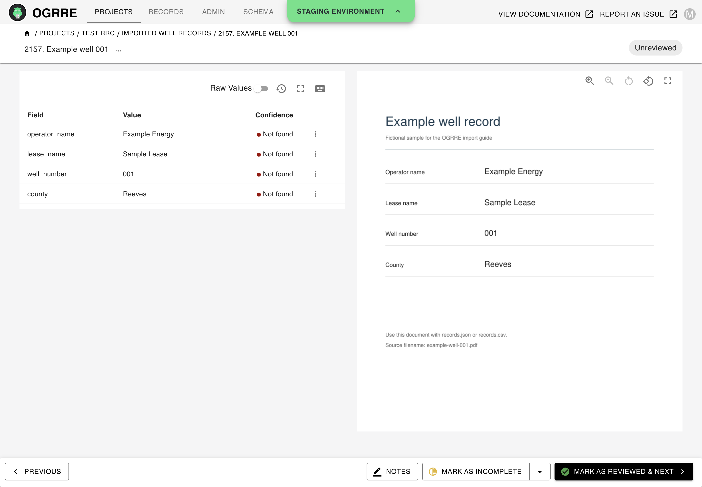 Imported record showing its fields alongside the uploaded document