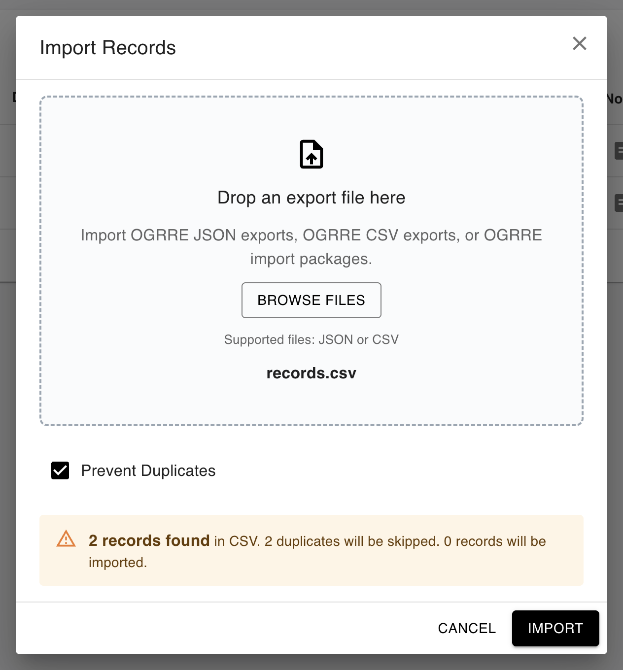 Import Records dialog showing a CSV preview with duplicates that will be skipped