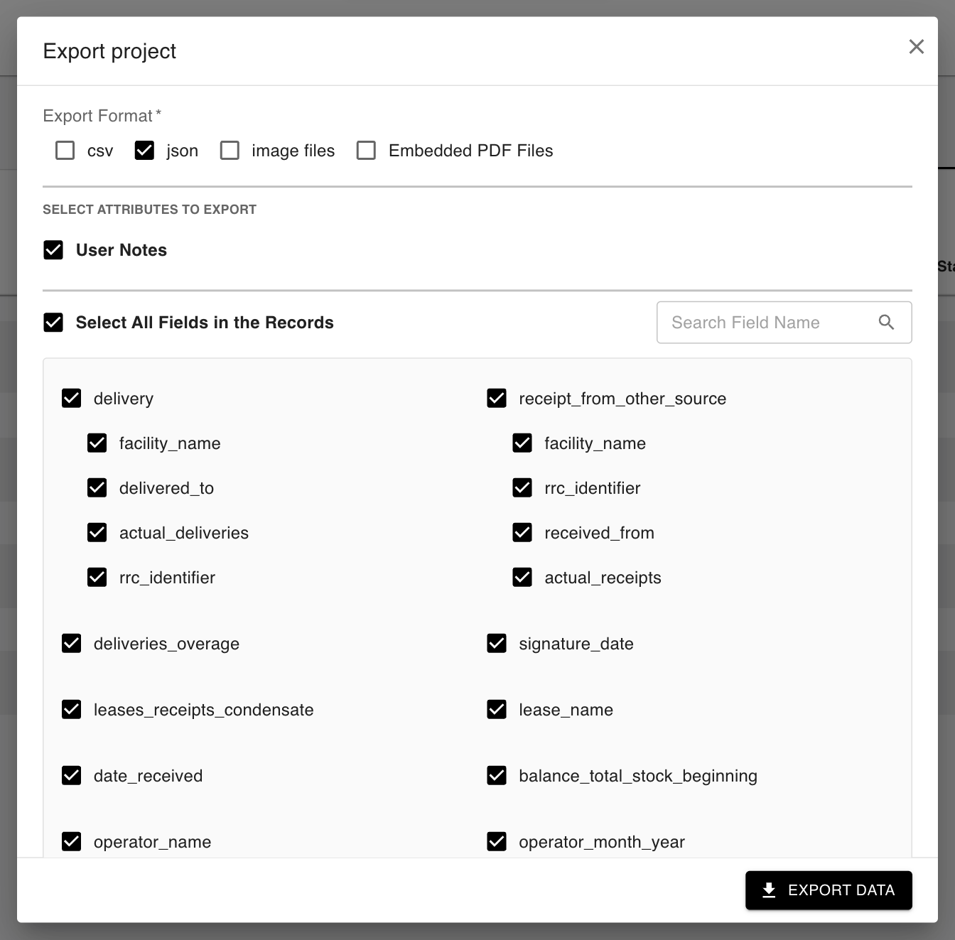 Export project dialog with JSON selected, User Notes, field selection, and the Export Data button