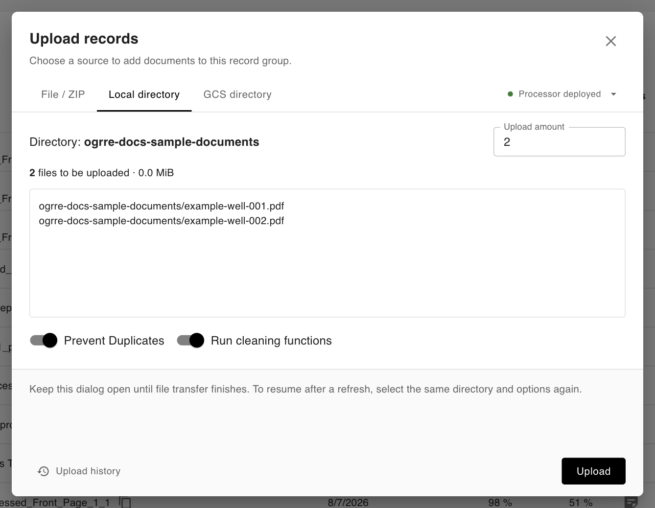 Local directory upload with selected files, upload amount, and duplicate and cleaning options