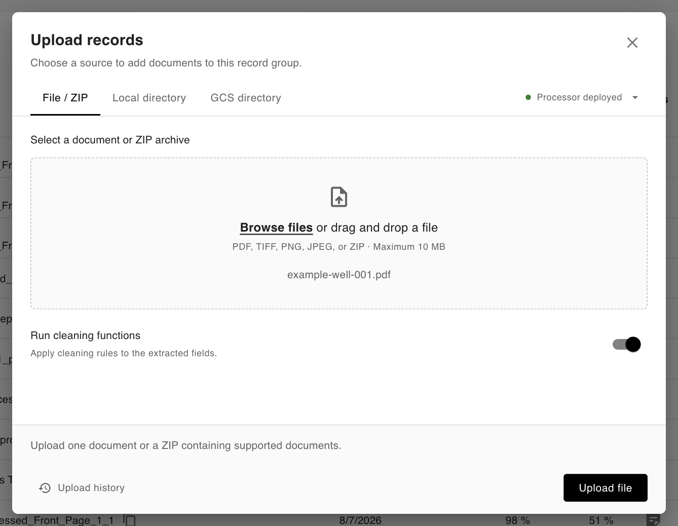 Upload records dialog with the File / ZIP tab and a deployed processor