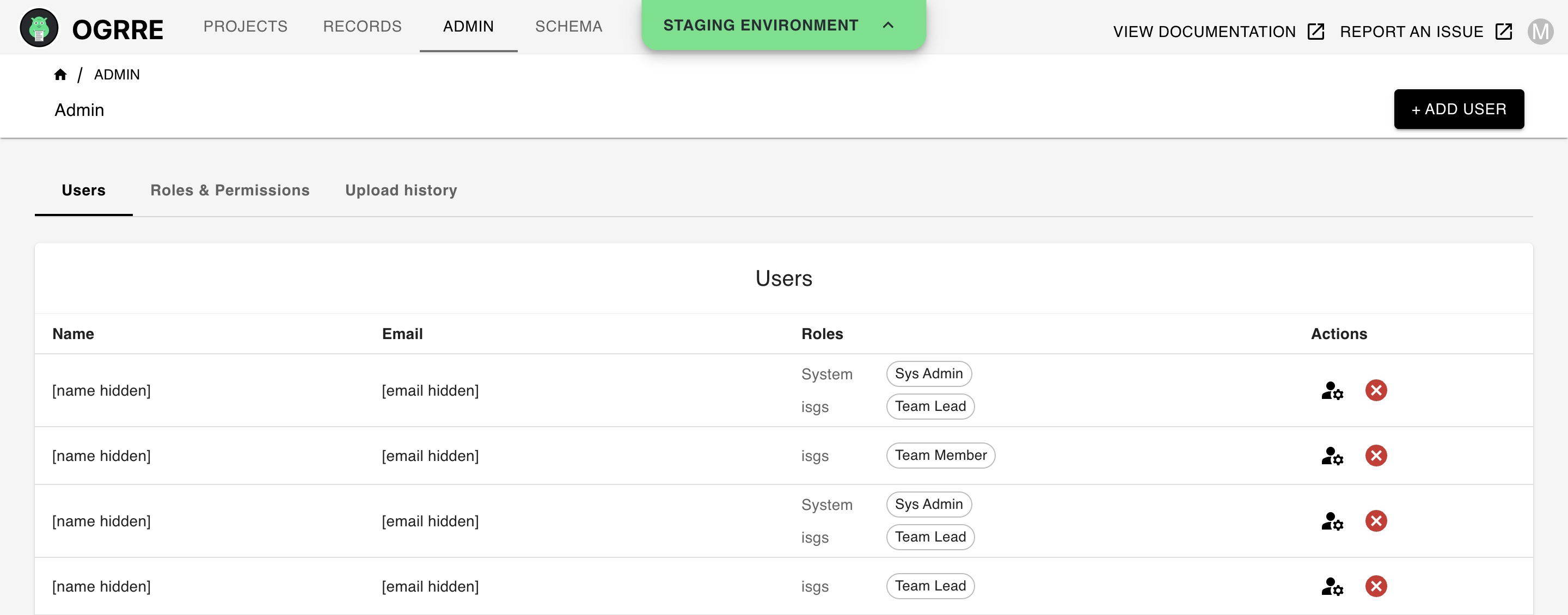 Admin Users page with team and system roles and the Add user button